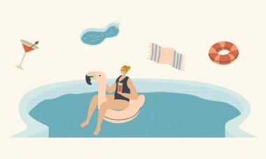 Flamingo Şişme Yüzük Yatağında Yüzen Genç Kadın. Yaz Tatilinin tadını çıkarıyor. Kokteyl içiyor ve bronzlaşıyor. Yüzme havuzunda dinlenme tesisi ya da otel. Doğrusal Vektör İllüstrasyonu