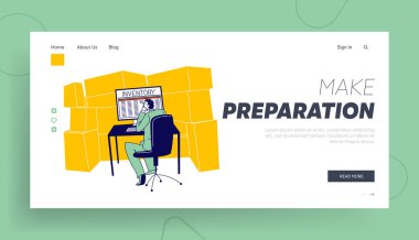 Envanter İniş Sayfa Şablonu. Depo 'da Kutularla Bekleyen Erkek Karakter Muhasebe Taşımacılık ve Mal Dağıtımı Lojistik Programı ile Bilgisayar üzerine çalışıyor. Doğrusal Vektör İllüstrasyonu