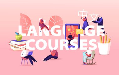 Çince Öğrenen Karakterler Konsepti. Laptop ya da Smartphone Dinleyen Öğretmenler, Öğrenciler hiyeroglifler taşır. Webinar ve Online Education Poster Afişi. Çizgi film Vektör İllüstrasyonu
