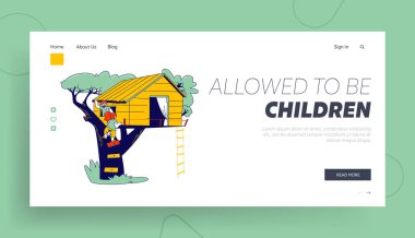 Ağaç Evi İniş Şablonu 'na tırmanan çocuklar. Çocuk parkında oynayan karakterler, odunlu ağaç ev ve ip merdiveni olan çocuklar için yaz oyunları yeri. Doğrusal İnsanlar Vektör İllüstrasyonu