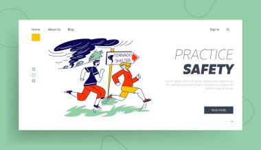 Karakterler Tornado Windbreak İniş Sayfa Şablonu 'na girdi. İnsanlar, Tehlikeli Hava ve Twister Wind 'de Doğayı Kurtarmak İçin Sığınak' a Kaçan Doğanın Yıkım Gücü 'nden Kaçıyorlar. Doğrusal Vektör İllüstrasyonu