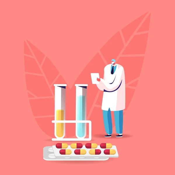 Médico Farmacêutico em Túnica Médica e Máscara Escrevendo em Enormes Frascos e Comprimidos. Medicina Comprimidos Produzir Indústria, Farmácia, Tratamento em Clínica, Hospital de Saúde. Desenhos animados Vector Ilustração —  Vetores de Stock