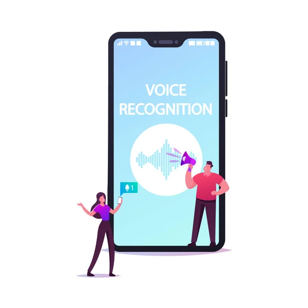 Personlig assistent och röst Recognition Concept Tiny Characters på enorma mobiltelefon med ljud Symbol, Intelligent teknik. Kvinna med mikrofon och headset. Tecknad människor vektor Illustration — Stock vektor