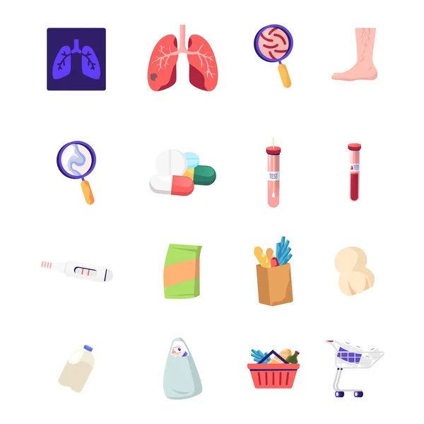 Set of Medicine Icons Xray of Diseased Lungs, Germs under Magnifier and Foot with Veins, Medical Pills, Blood in Test Tube and Pregnancy Test with Grocery Products. 카툰 Vector Illustration — 스톡 벡터