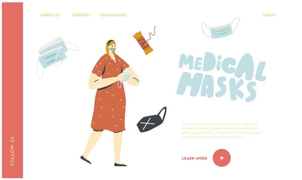 Woman Wear Medical Mask for Walking Outdoors pada saat Coronavirus Quarantine Landing Page Template. Karakter Perempuan di Jalan Lockdown, Pencegahan Polusi Udara Urban. Ilustrasi Vektor Linear - Stok Vektor
