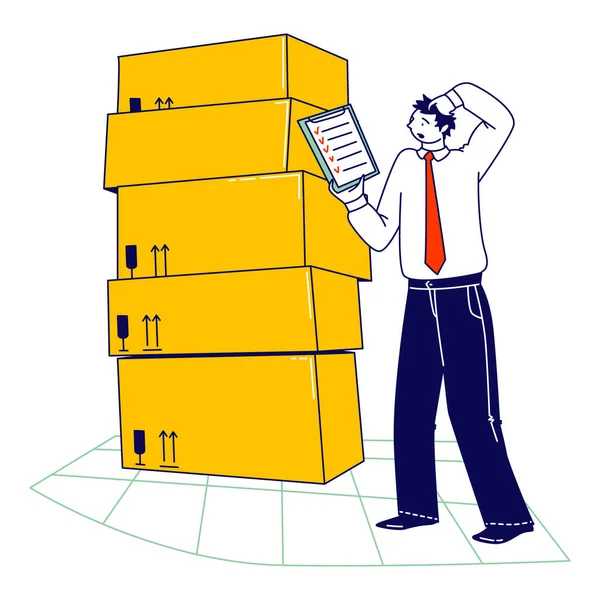 Gestionnaire d'inventaire Personnage masculin travaillant dans un entrepôt avec des piles de boîtes en carton Liste de vérification des marchandises à distribuer. Logistique, comptabilité et gestion du fret. Illustration vectorielle linéaire — Image vectorielle