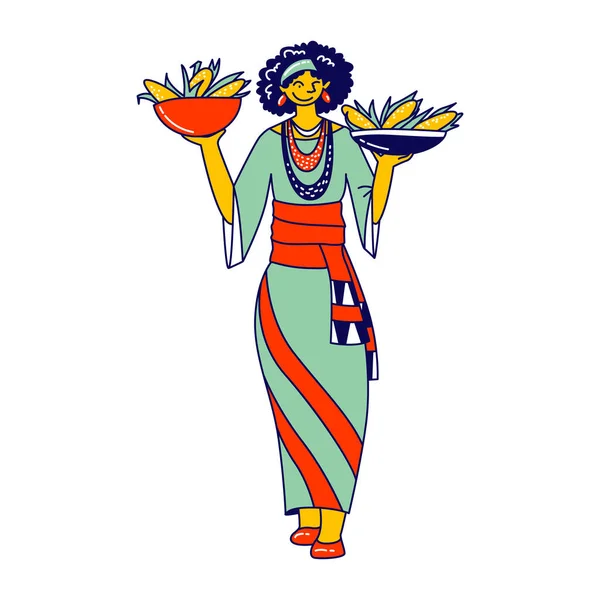 Kultur Afrikas und ethnisches Erbe, Feiertag Kwanzaa. African Tribal weibliche Figur trägt traditionelle Kleidung mit Schalen und Mais. Kulturelle Tradition. Lineare Vektorillustration — Stockvektor