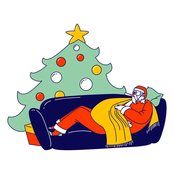 Babbo Natale malato con termometro in bocca hanno la febbre sdraiato sul divano vicino abete. Carattere natalizio in costume rosso e cappello che soffre di malattia. Malattia da Personaggio di Natale. Illustrazione vettoriale lineare — Vettoriale Stock