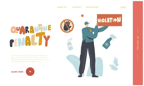 Quarantäne Kontrolle und Penalty Landing Page Template. Polizisten in medizinischer Maske bestrafen Menschen, die während der Covid19-Pandemie gegen die Ausgangssperre und das Isolationsregime verstoßen. Lineare Vektorillustration — Stockvektor