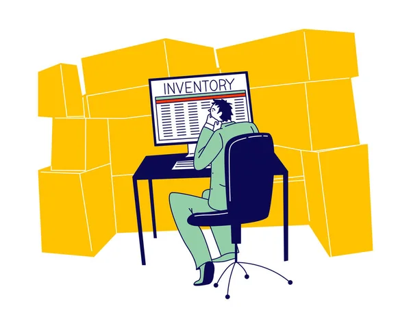 在庫マネージャー男性キャラクターカートンボックスのスタックと倉庫に座っている貨物や商品の流通を会計するためのロジスティックプログラムでコンピュータに取り組んでいます。線形ベクトルイラスト — ストックベクタ