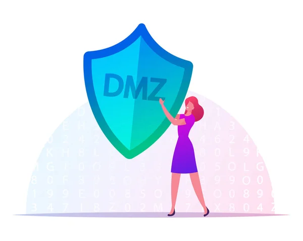 Demilitarized Zone Concept. Tiny Female Character Carry Huge Shield with DMZ Abbreviation. Physical or Logical Subnetwork Expose External-facing Services to Internet. Cartoon Vector Illustration — Stock Vector