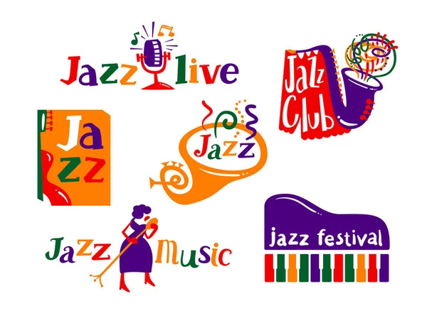 Jazz Festival Cartoon Iconen Set. Live Music Concert Aankondiging, Creative Labels en Typografie voor Musical Club. Zangeres met microfoon, flyer, saxofoon of piano keyboard. Vector Illustratie — Stockvector