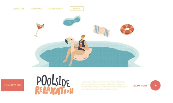 Entspannen Sie sich im Schwimmbad Landing Page Template. Junge Frauenfigur schwimmt auf Flamingo-aufblasbarer Ringmatratze und genießt den Sommerurlaub, trinkt Cocktail und Bräune. Lineare Vektorillustration — Stockvektor