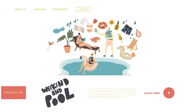 Pool Party Relax, nuoto e bere Attività estive Landing Page Template. Personaggi in piscina Bere cocktail, libro di lettura e anello gonfiabile galleggiante. Illustrazione vettoriale delle persone lineari — Vettoriale Stock