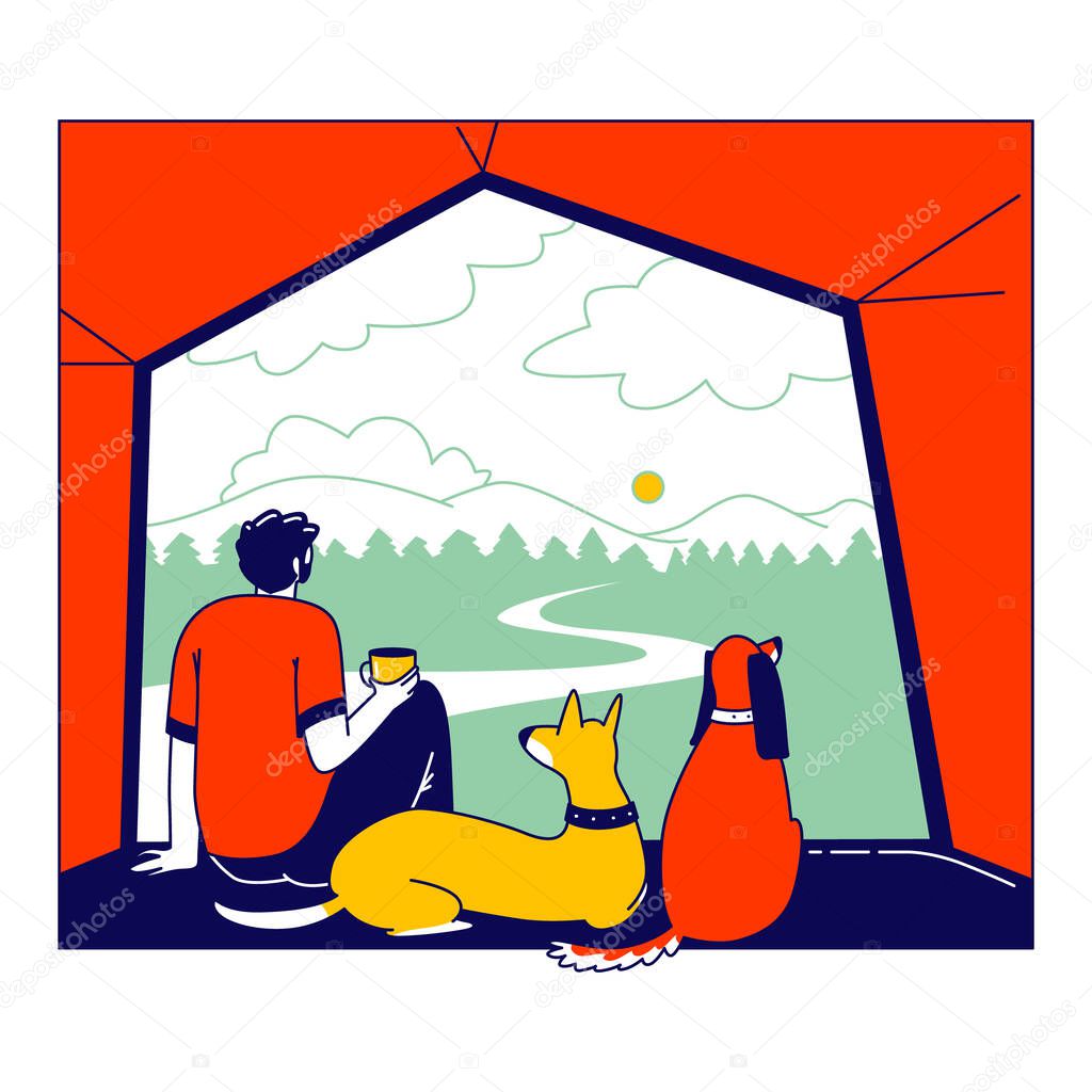 Male Character with Pets Cat and Dog Sit inside of Camping Tent Enjoying Drinking Coffee and Scenic Landscape View. Tourist Travel with Home Animals, Summer Vacation Hiking. Linear Vector Illustration