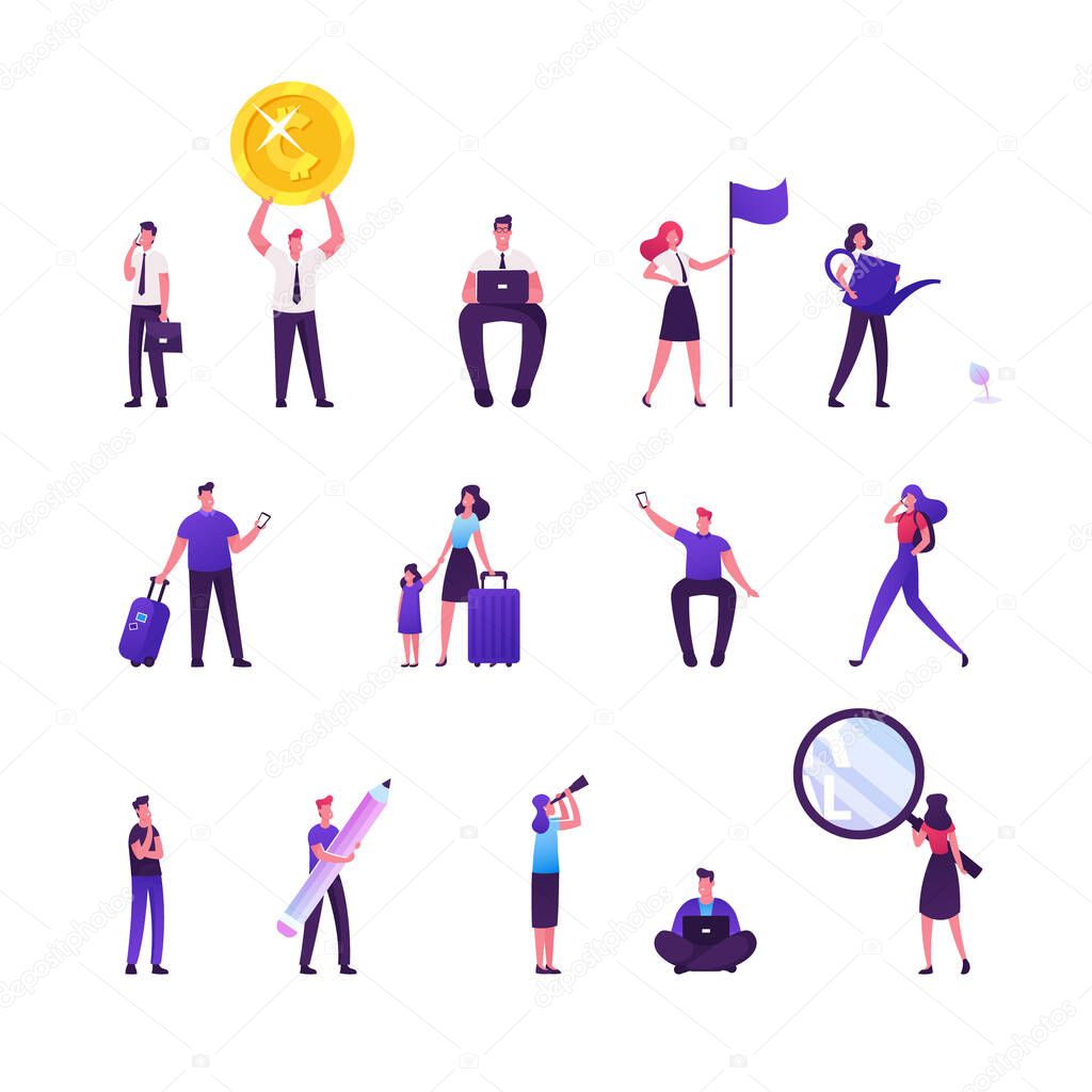 Set of Male and Female Characters Traveling with Luggage and Children, Businesspeople Working on Laptop, Hold Huge Golden Coin and Flag, Magnifier and Spyglass. Cartoon People Vector Illustration