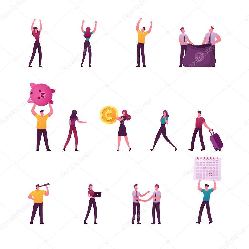 Set of Male and Female Business Characters Earn and Collect Money, Holding Huge Sack with Dollar Sign and Piggy Bank, Businessmen Shaking Hands and Look in Spyglass. Cartoon People Vector Illustration