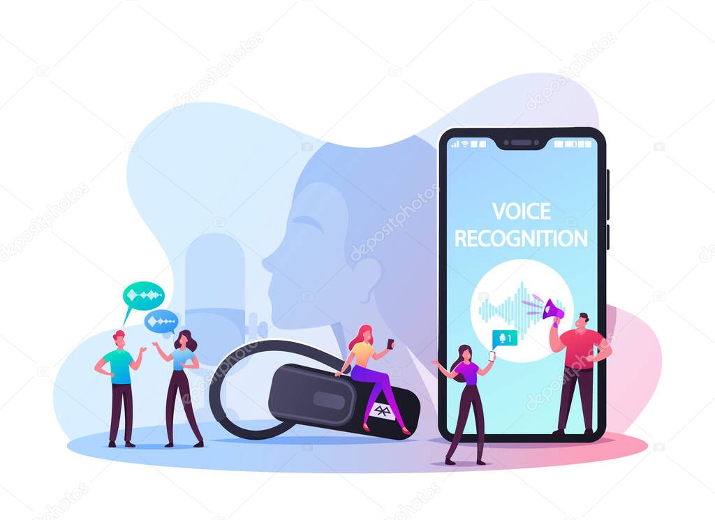 Personal Assistant and Voice Recognition Concept Tiny Characters at Huge Mobile Phone with Sound Symbol, Intelligent Technologies. Woman with Microphone and Headset. Cartoon People Vector Illustration