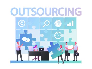 Dış kaynak kavramı. Big Puzzle 'da çalışan iş adamları Parçaları boş deliklere koydular. İş adamı karakterleri el sıkışıyor. Şirket Dışarıdan İşçi Kullan. Çizgi film İnsanları Vektör İllüstrasyonu