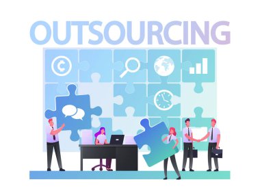 Outsourcing Concept. Businesspeople Working at Huge Puzzle Put Pieces into empty Holes. Business men Characters Shaking Hands. Company Use Outsourced Employees. Cartoon People Vector Illustration clipart