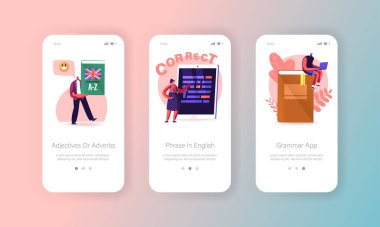 Okulda ya da Üniversitede Dilbilgisi Testi. Mobil Uygulama Sayfası Ekran Şablonu. Küçük Öğretmen Karakterleri Hataları Düzeltir. Noktalama işaretlerini düzelt Altı çizili hatalar kavramı. Çizgi film İnsanları Vektör İllüstrasyonu