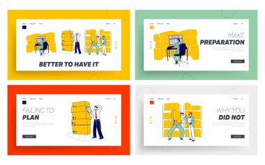 Envanter Sayımı Yönetimi İniş Şablonu Ayarlandı. Depocu Karakterleri Depo Kargo Yükleme ve Sevkiyat Malzemeleriyle Paketleri Ayıklama Yönetimi. Doğrusal İnsanlar Vektör İllüstrasyonu