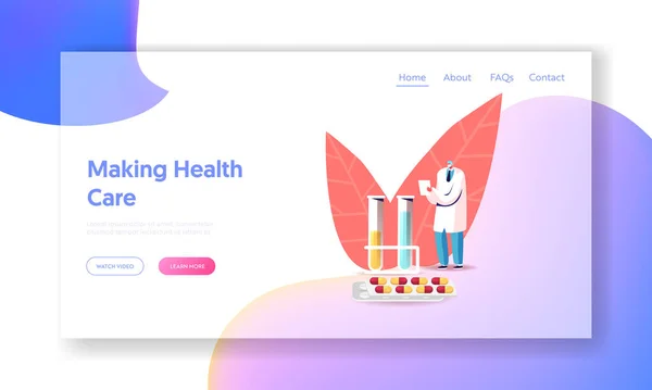 Pharmacy, Hospital Healthcare Landing Page Template. Muž Doktor Lékárník v lékařském rouchu a masky psaní na obrovské láhve a pilulky. Medicine Tablets Producing Industry. Cartoon Vector Illustration — Stockový vektor