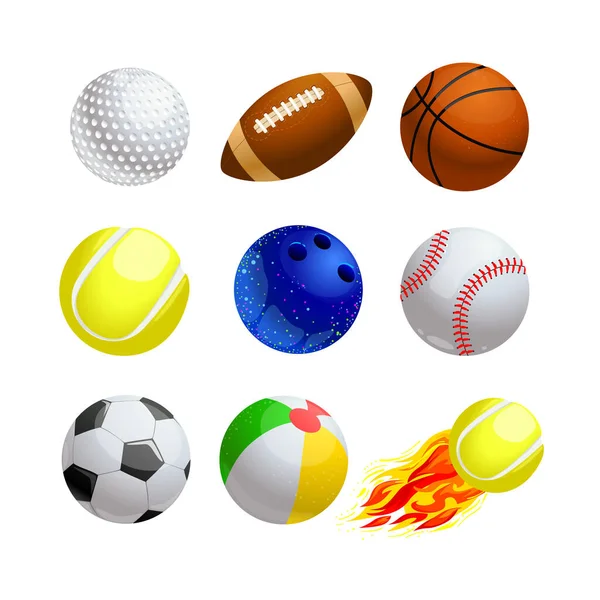 Set de Bolas de Dibujos Animados para el Deporte y el Ocio. Golf, Rugby y Baloncesto con Tenis y Bowling. Béisbol, Fútbol o Fútbol, para Juegos de Niños en Playa y Bola Ardiente con Fuego. Ilustración vectorial — Vector de stock