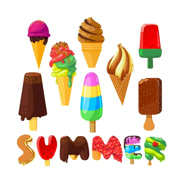 Conjunto de helados de dibujos animados y tipografía creativa aislada sobre fondo blanco. Comida Dulce de Verano, Popsicle de Chocolate en Palo, Fruta Congelada y Helada de Lácteos con Topping. Ilustración vectorial, iconos — Vector de stock