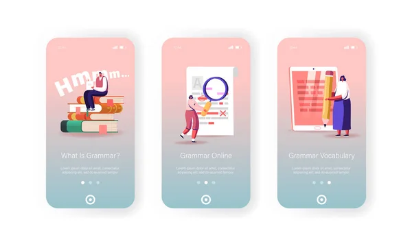 Gramática Exame Mobile App Page Onboard Screen Template. Personagens minúsculos corrigir erros e erros em papel e teste digital. Concepção de Resultados do Exame Falha. Desenhos animados Pessoas Vector Ilustração — Vetor de Stock