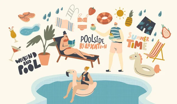 Havuz Partisi Gevşeme, Yüzme ve İçme Yaz Etkinliği Konsepti. Yüzme Havuzu 'ndaki Genç Karakterler Eğlenceli İçme Kokteylleri, Kitap Okuma ve Yüzen Şişme Halkası. Doğrusal İnsanlar Vektör İllüstrasyonu — Stok Vektör