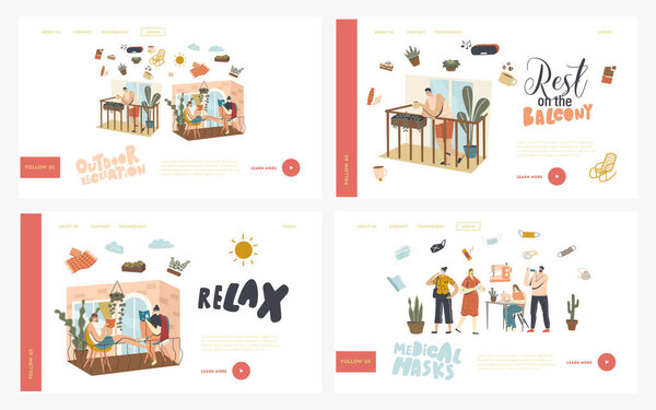 People Relax on Balconies and Wearing Medical Masks Landing Page Template Set. Characters Stay Home During Covid19 Isolation. Neighbors Spend Time Reading, Drinking Coffee. Linear Vector Illustration