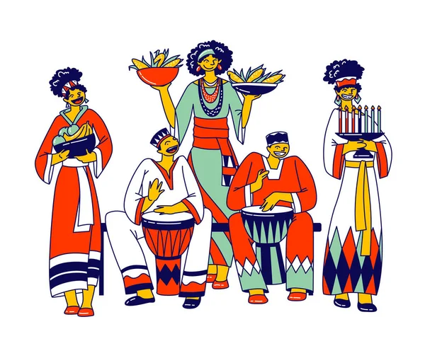 Celebração Kwanzaa. Personagens africanos em trajes nacionais tocando bateria, levar refeições tradicionais e velas. Celebração anual da cultura afro-americana. Ilustração de pessoas vetoras lineares — Vetor de Stock