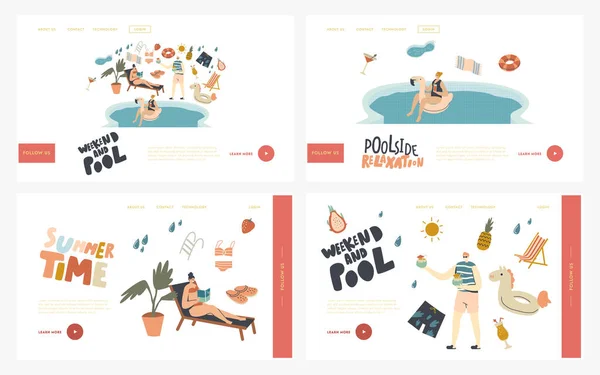 Pool Party Relax, Swim and Drink Summer Activity Landing Page Template Set (dalam bahasa Inggris). Karakter dalam Kolam Renang Minum Koktail, Membaca Buku dan Cincin Terapung. Ilustrasi Vektor Rakyat Linear - Stok Vektor