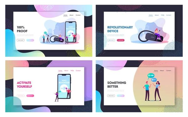 Persoonlijke assistent, Voice Recognition Landing Page Template Set. Kleine karakters bij Enorme Mobiele Telefoon, Intelligente Technologieën. Vrouw met microfoon en headset. Cartoon People Vector Illustratie — Stockvector