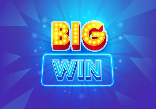 Big Win Banner para juegos de azar o casino en línea. Cartel de felicitación del ganador, celebración de la fortuna y la victoria. Tipografía creativa sobre fondo azul con luces de neón, cartelera. Ilustración vectorial — Archivo Imágenes Vectoriales