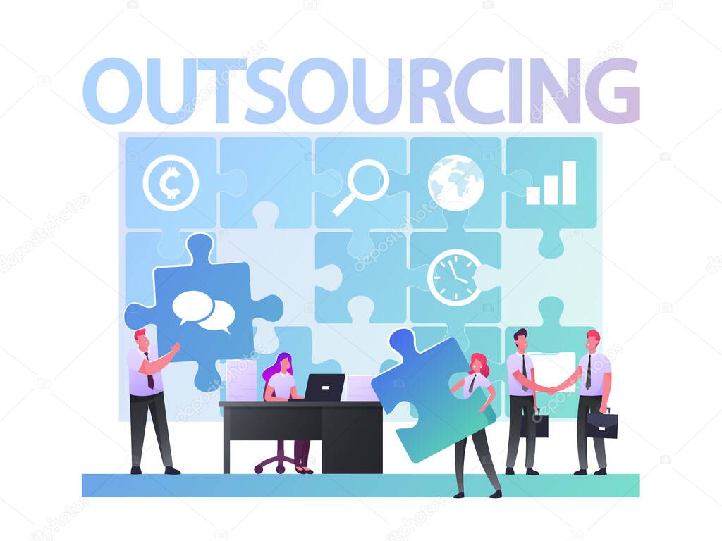 Outsourcing Concept. Businesspeople Working at Huge Puzzle Put Pieces into empty Holes. Business men Characters Shaking Hands. Company Use Outsourced Employees. Cartoon People Vector Illustration