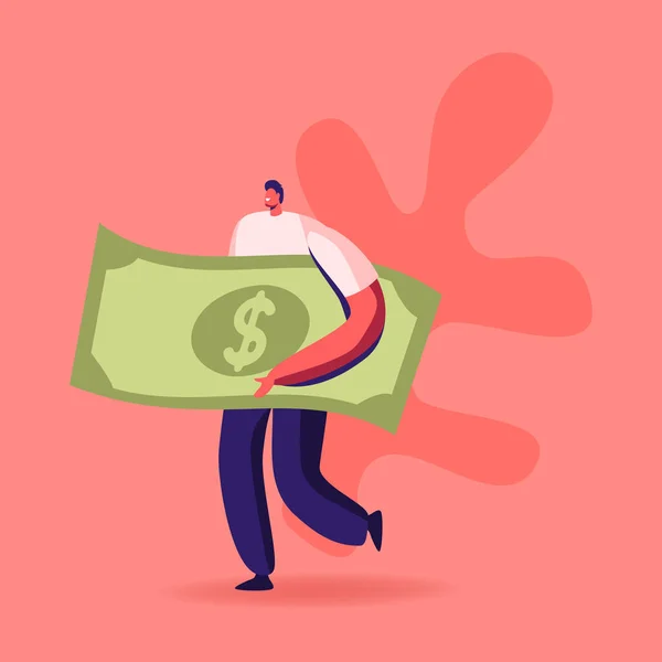 Tiny Man Carry Holding Dólar enorme Banknote vai comprar algo. Personagem Masculino com Dinheiro Dinheiro Lucro Financeiro, Renda Básica Universal, Ganhe Salário e Conceito de Riqueza. Desenhos animados Vector Ilustração —  Vetores de Stock