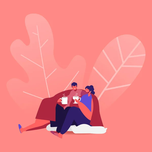 Seguridad, hogar Confort Pareja amorosa sentada en el piso debajo de la manta bebiendo té y charlando. Personajes juntos en la noche de fin de semana. Amor Ocio Family Sparetime. Dibujos animados Gente Vector Ilustración — Vector de stock