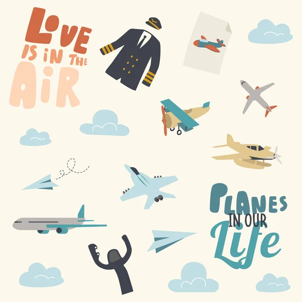 Conjunto de varios aviones, adorno creativo con aviones de pasajeros, militares y de papel que vuelan en el aire. Uniforme Piloto, Volante y Aviones Retro entre Nubes, Imprimir. Ilustración de vectores lineales — Vector de stock