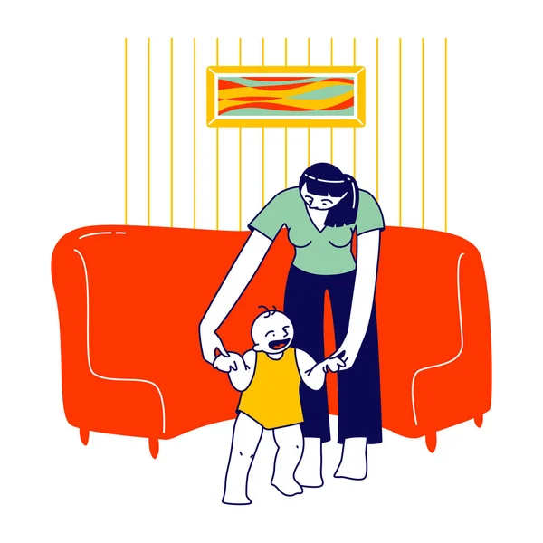 Baby Making First Step, Μητέρα κρατώντας τα χέρια του παιδιού διδάξει να περπατήσει. Γονείς και χαρακτήρες παιδιών ελεύθερος χρόνος, εξάσκηση στο περπάτημα στο σπίτι. Χαρούμενο Οικογενειακό Event. Γραμμική απεικόνιση διανυσματικών ατόμων — Διανυσματικό Αρχείο