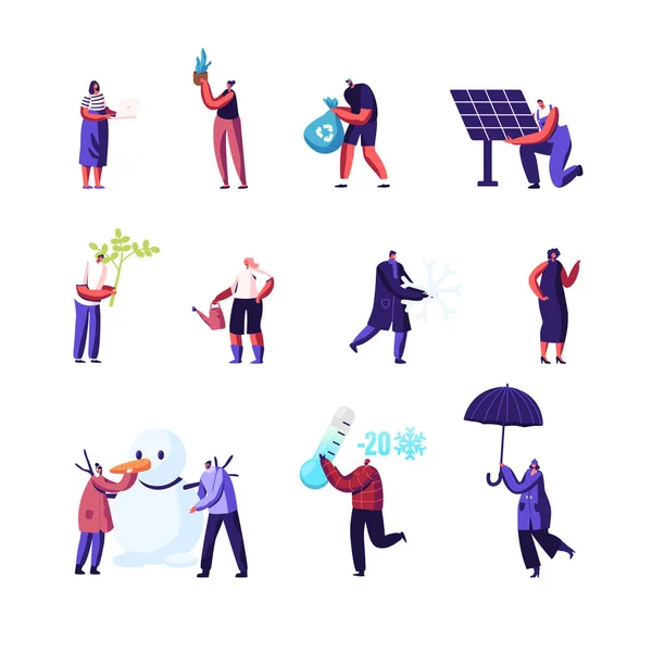 Conjunto de personagens masculinos e femininos minúsculos Use energia verde e recolha de lixo para reciclagem. Pessoas com enorme termômetro, guarda-chuva e boneco de neve, painel solar, plantas. Desenhos animados Vector Ilustração —  Vetores de Stock