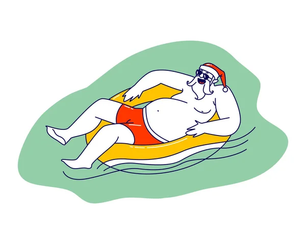 Carattere rilassato di Babbo Natale nel cappello Anello gonfiabile galleggiante in piscina o nell'oceano. Vacanze di Natale, Vacanze invernali Ricreazione tropicale, Viaggi in Paese esotico. Illustrazione vettoriale lineare — Vettoriale Stock