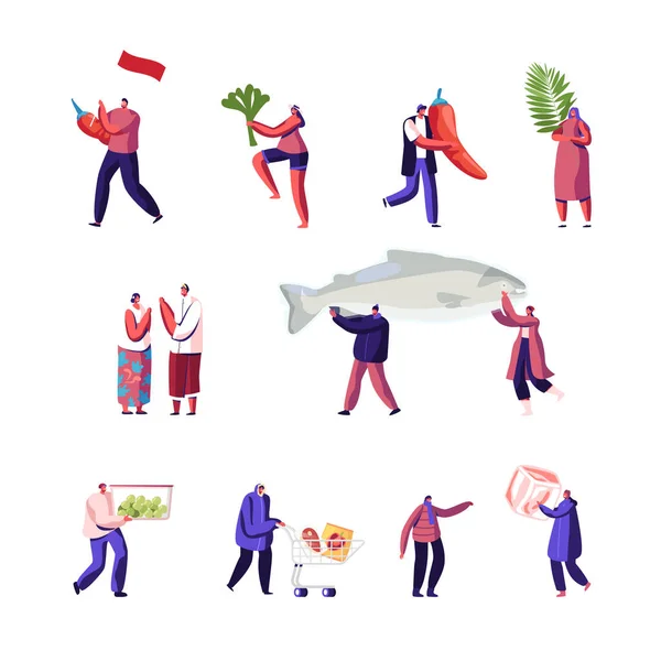 Conjunto de personagens masculinos e femininos minúsculos com peixes enormes, pimenta vermelha quente e folhas de palma, alimentos congelados, cubo de gelo, carrinho de compras. Pessoas em roupas asiáticas tradicionais. Desenhos animados Vector Ilustração — Vetor de Stock