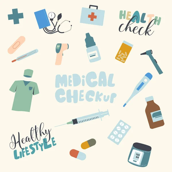 Setzen Sie medizinische Checkup und gesunde Lebensweise Artikel. Medizin Uniform, Werkzeugkiste und Tonometer mit Pillen in Blister und Flasche. Spritze, Thermometer und Patch Print oder Muster. Lineare Vektorillustration — Stockvektor