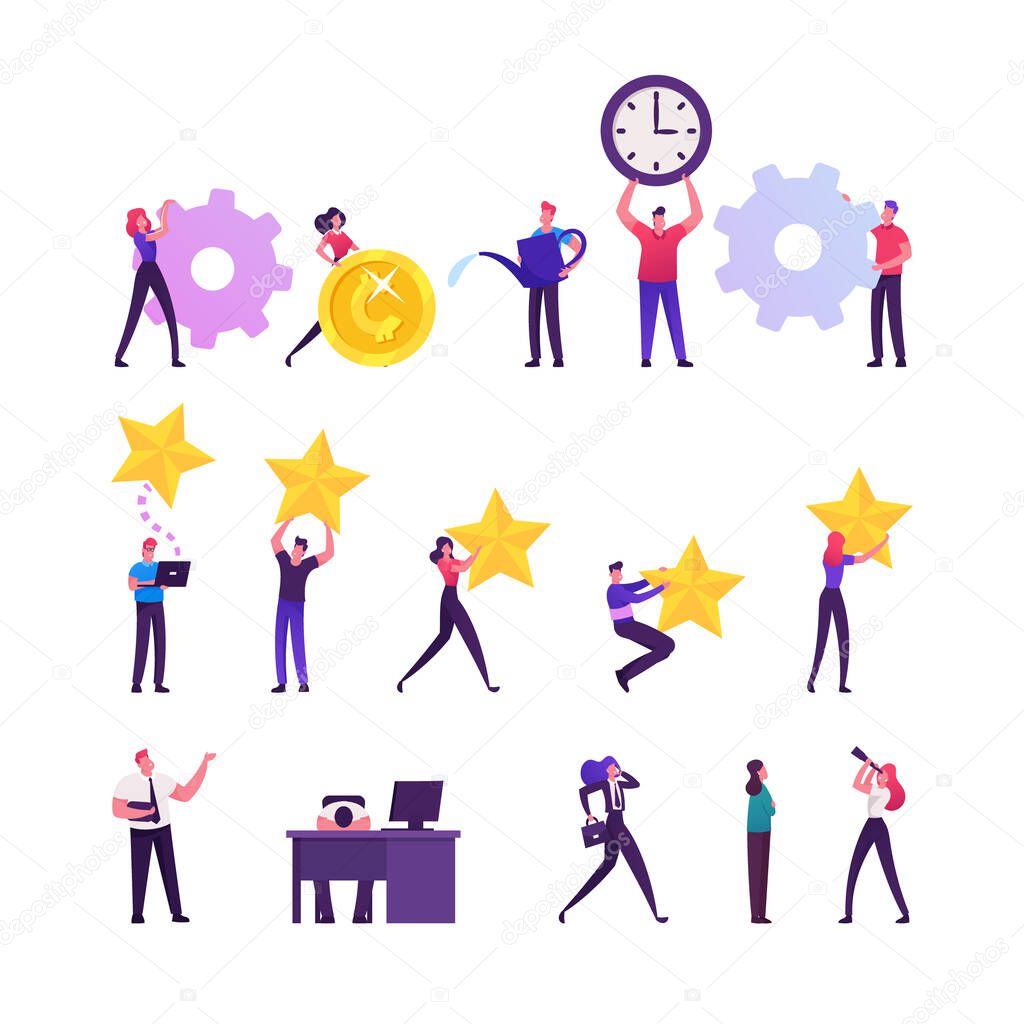 Set of Tiny Male and Female Characters with Huge Cogwheel, Golden Coin and Clock, Rating Stars and Watering Can. Office People Sleep on Workplace, Businesspeople Lifestyle. Cartoon Vector Illustration
