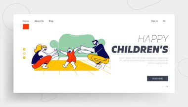 Anne ve baba Çocuğa İniş Şablonu 'nu Yürümeyi Öğretiyor. Bebek İlk Adım. Anne ve Baba Karakterleri Çocuk Yürüyüşüne Yardım Ediyor. 