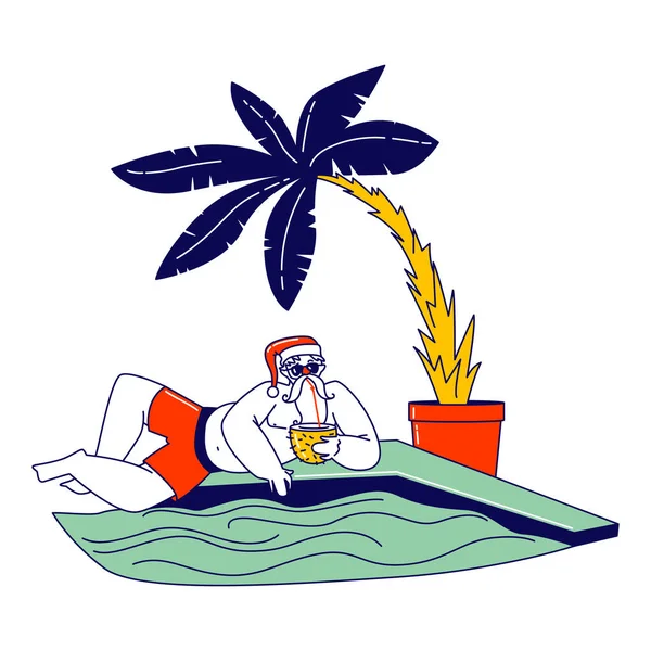 Персонаж Санта-Клауса в солнцезащитных очках, лежащих на одеяле с кокосовым напитком под тропической пальмой. Рождественские и новогодние каникулы, теплая погода, Ocean Beach Resort. Линейный вектор — стоковый вектор
