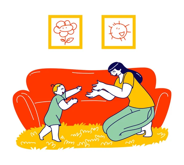 Baby Making First Step, Bambino e Madre Tempo di Risparmio. Genitori e bambini che si esercitano a camminare a casa. Evento Happy Family Characters Life, Little Kid Achievement. Illustrazione vettoriale delle persone lineari — Vettoriale Stock