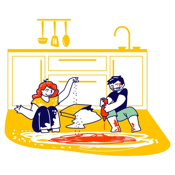 Bambini sporchi personaggi che fanno casini a casa. Ragazzino e ragazza seduti sul pavimento della cucina a giocare con farina e ketchup. Attività per bambini cattivi, caos disordinato. Illustrazione vettoriale delle persone lineari — Vettoriale Stock